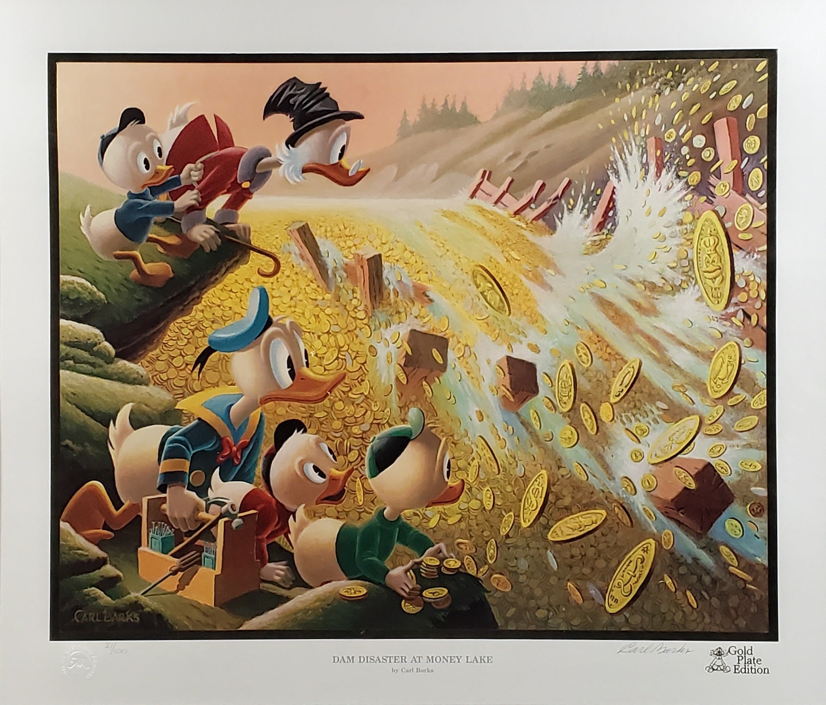 Donald Duck and Uncle Scrooge Dam Disaster At Money Lake Carl Barks Signed Gold Plate Edition
